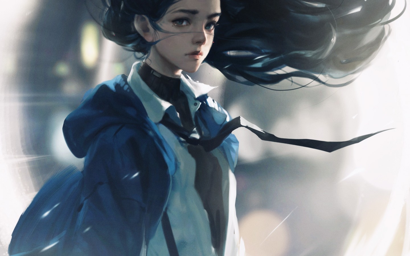 Anime Girl, Wind, Long Hair, Semi Realistic, Sad Expression - Realistic  Anime Girl Art - 1440x900 Wallpaper 