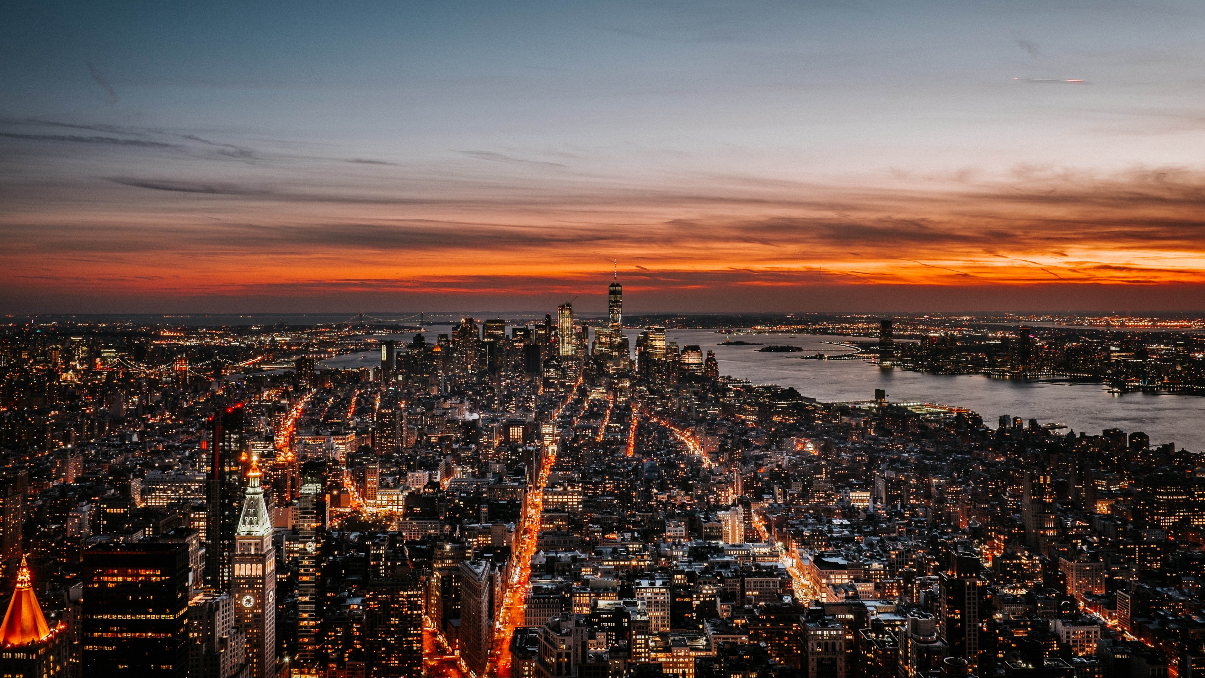 Wallpaper New York, Night City, Skyline, Sky, Dusk, - New York City Skyline Sunset Wide - HD Wallpaper 