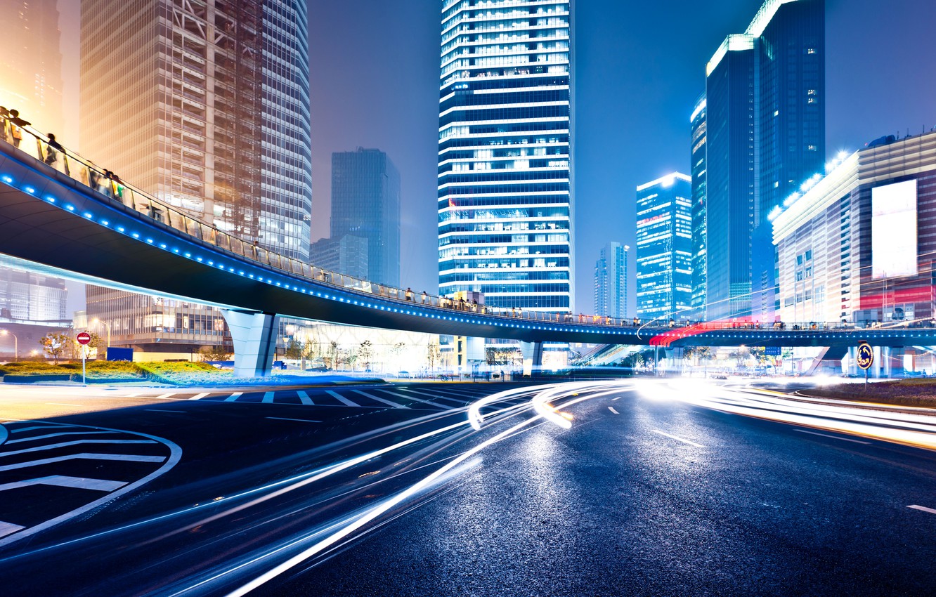 Photo Wallpaper Road, Night, Lights, Movement, Markup, - Big City At Night - HD Wallpaper 