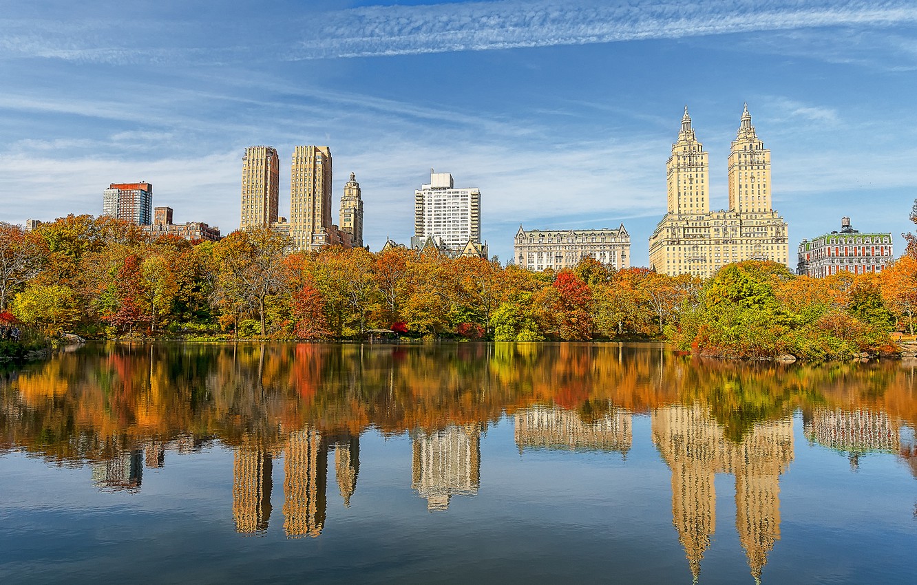 Photo Wallpaper Autumn, The Sky, Water, Trees, Home, - Central Park Widescreen - HD Wallpaper 