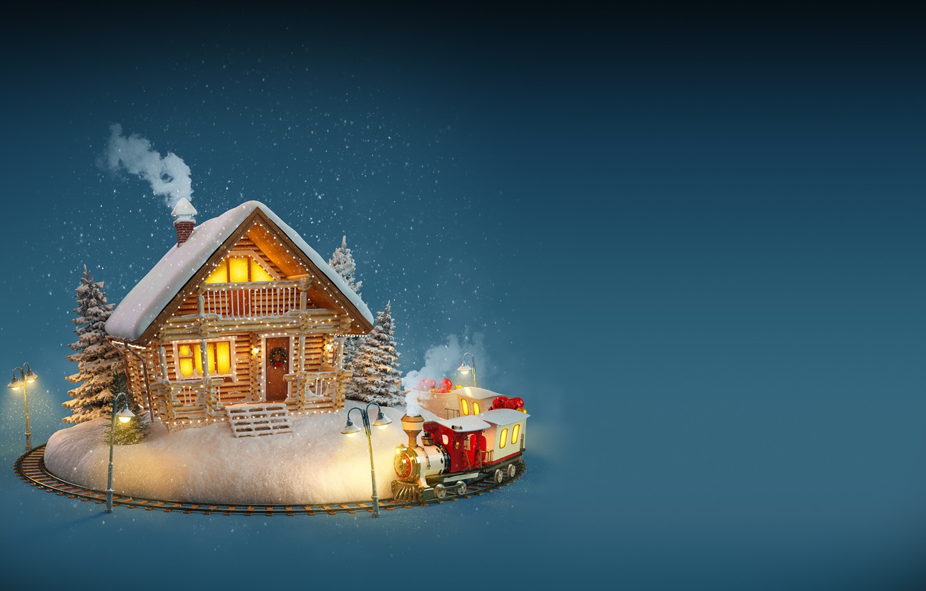 Photo Wallpaper New Year, Christmas, House, Winter, - Merry Christmas Winter House - HD Wallpaper 