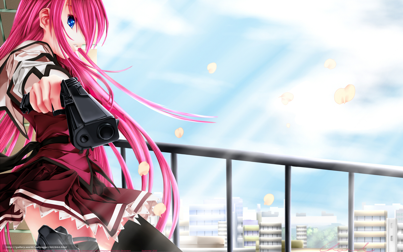 Download Wallpaper Girl, View, Pink Hair, School Uniform - Anime Girl With Guns - HD Wallpaper 