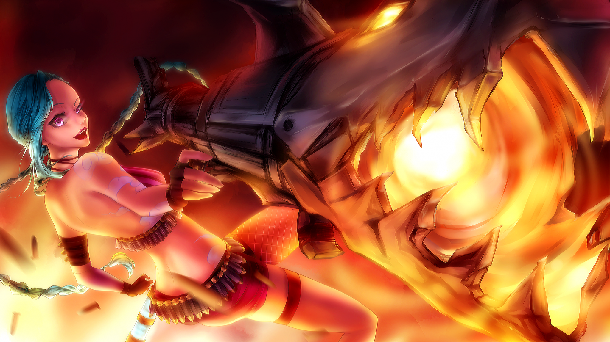 Lol, Jinx, League Of Legends, Fire, Gun, Bullets - League Of Legends - HD Wallpaper 
