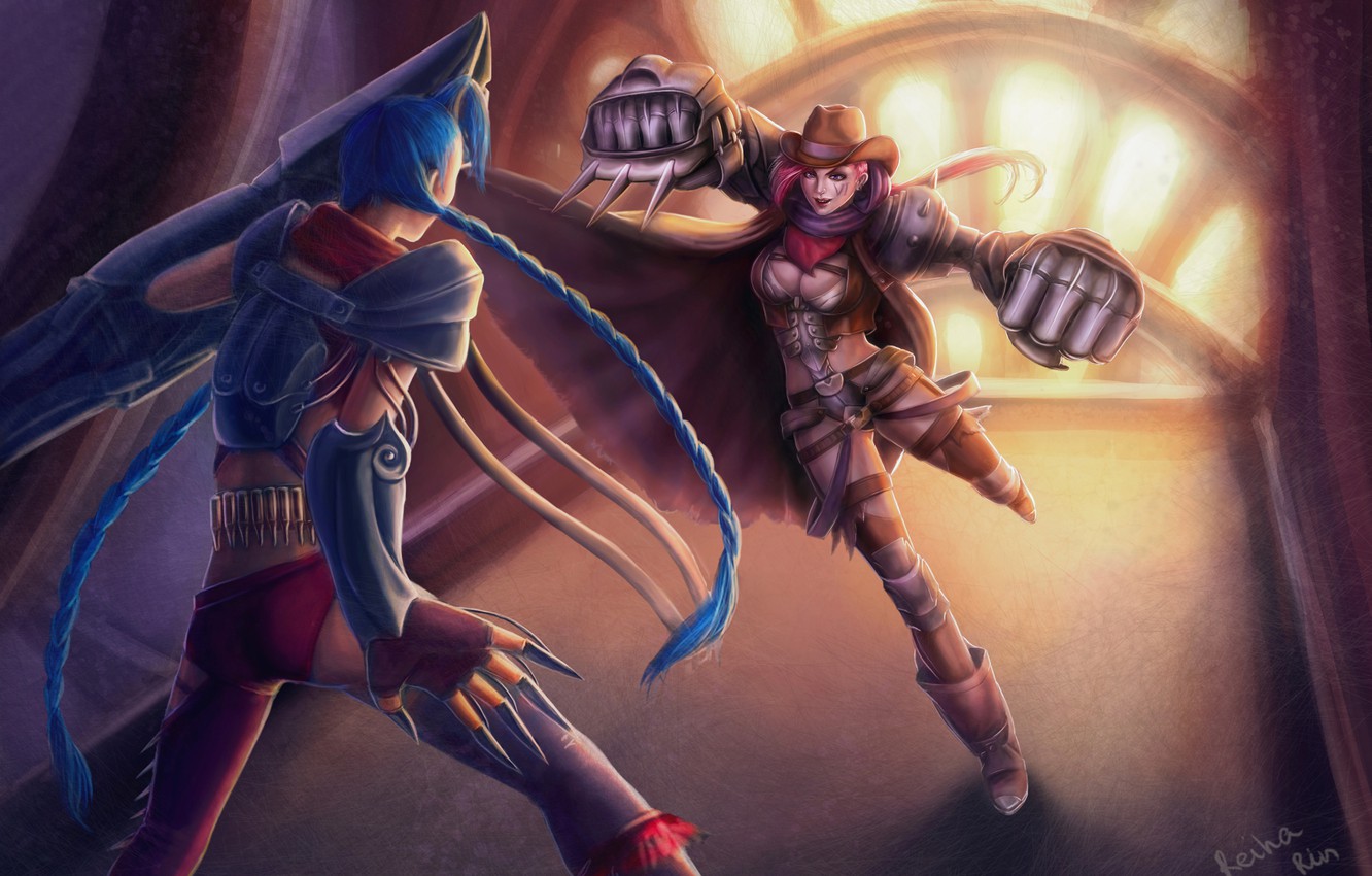 Photo Wallpaper Girls, Battle, Art, Claws, Braids, - League Of Legends Jinx Vi - HD Wallpaper 