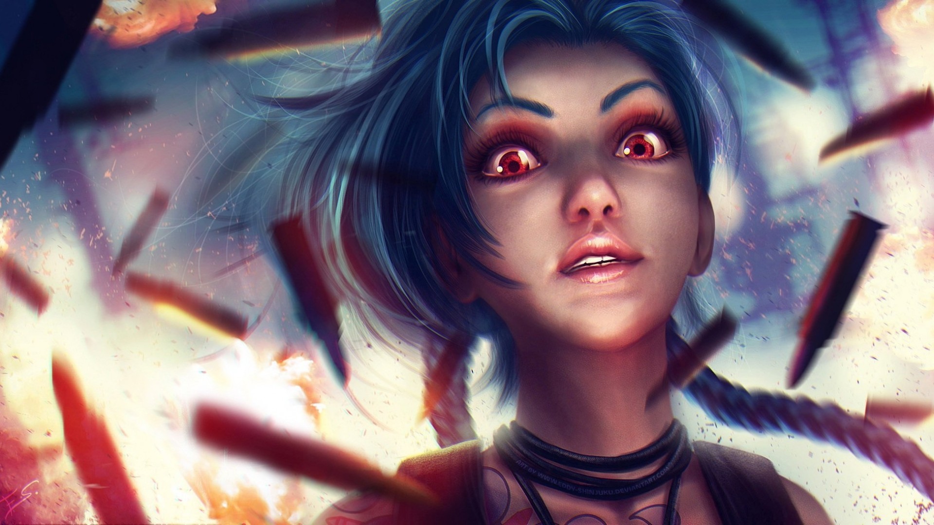 Jinx, League Of Legends, Red Eyes, Blue Hair, Artwork, - League Of Legends Wallpapers Hd Jinx - HD Wallpaper 