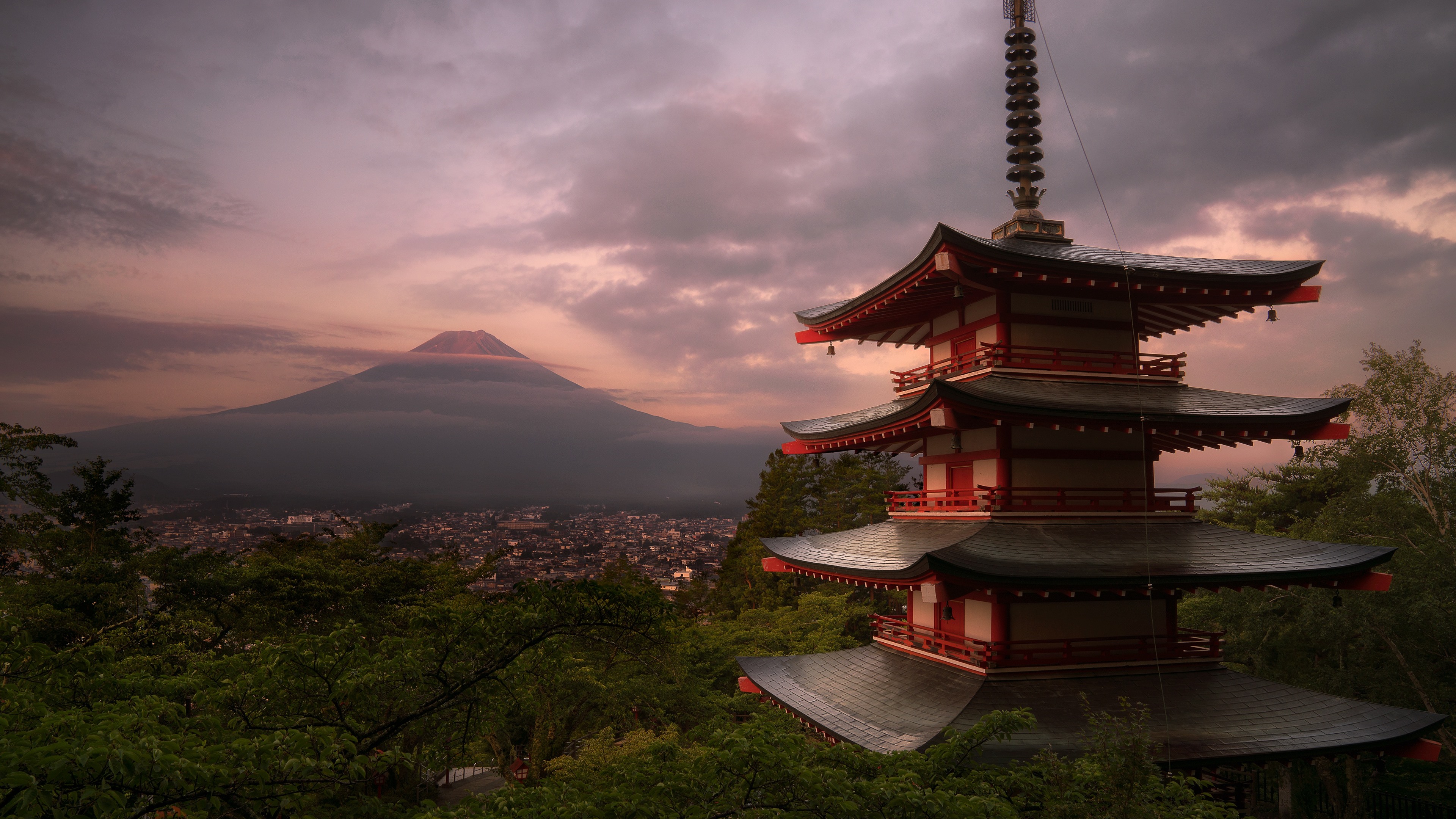 Wallpaper Japan, Temple, Fuji Mount, Clouds, Dusk - Mount Fuji - HD Wallpaper 
