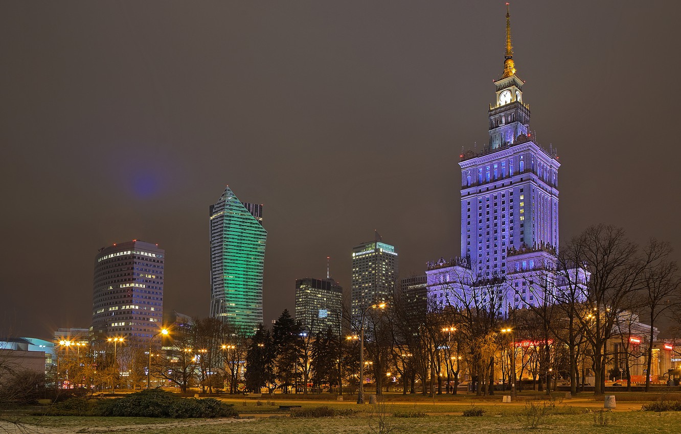 Photo Wallpaper Night, Lights, Poland, Warsaw - Skyscraper - HD Wallpaper 