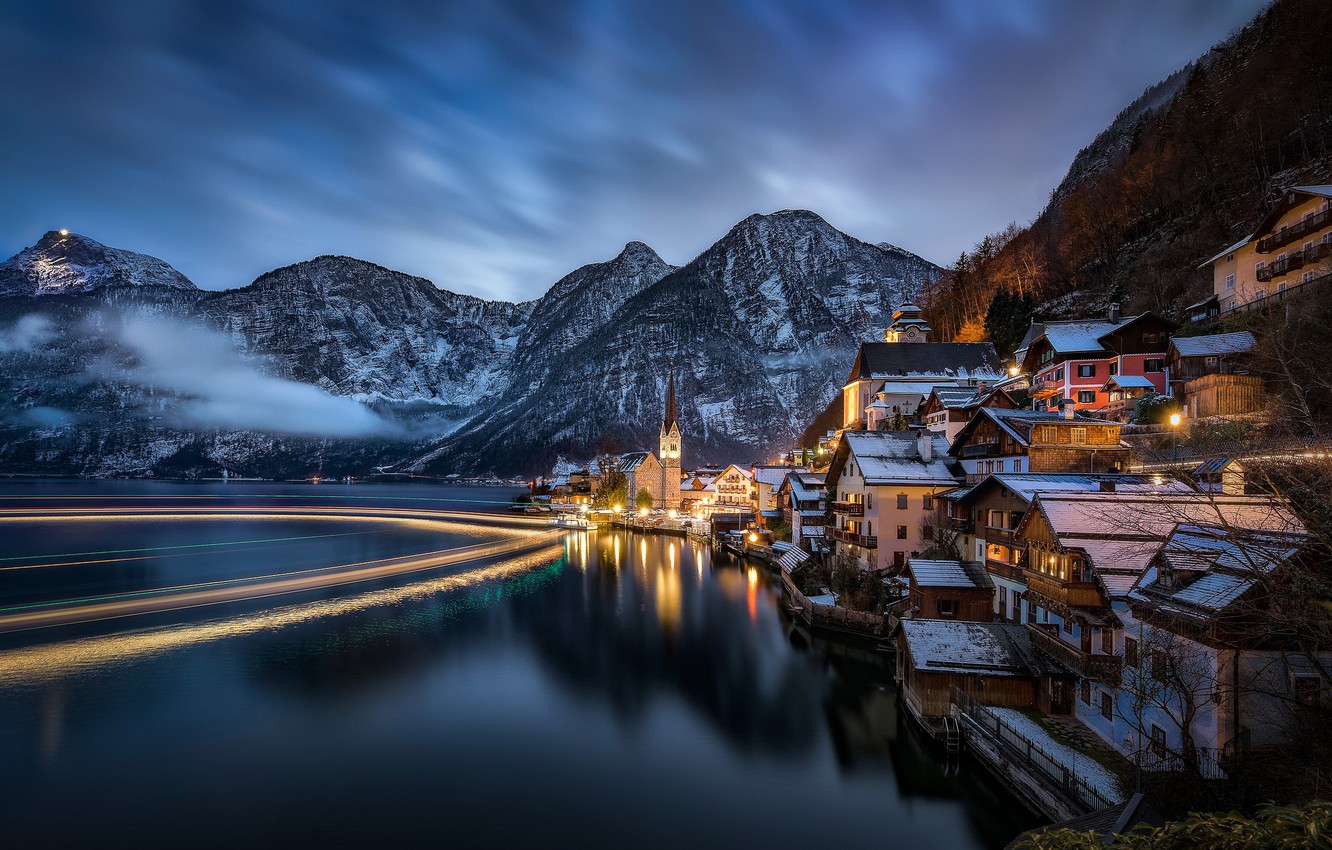 Wallpaper Landscape Mountains Night Lake Home Austria - Hallstatt Wallpaper Hd - HD Wallpaper 