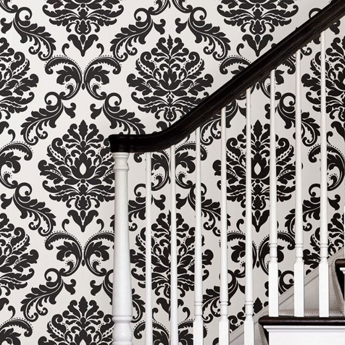 Nuwallpaper Black White Damask Peel And Stick Wallpaper - Damask Room Black And White Wall - HD Wallpaper 