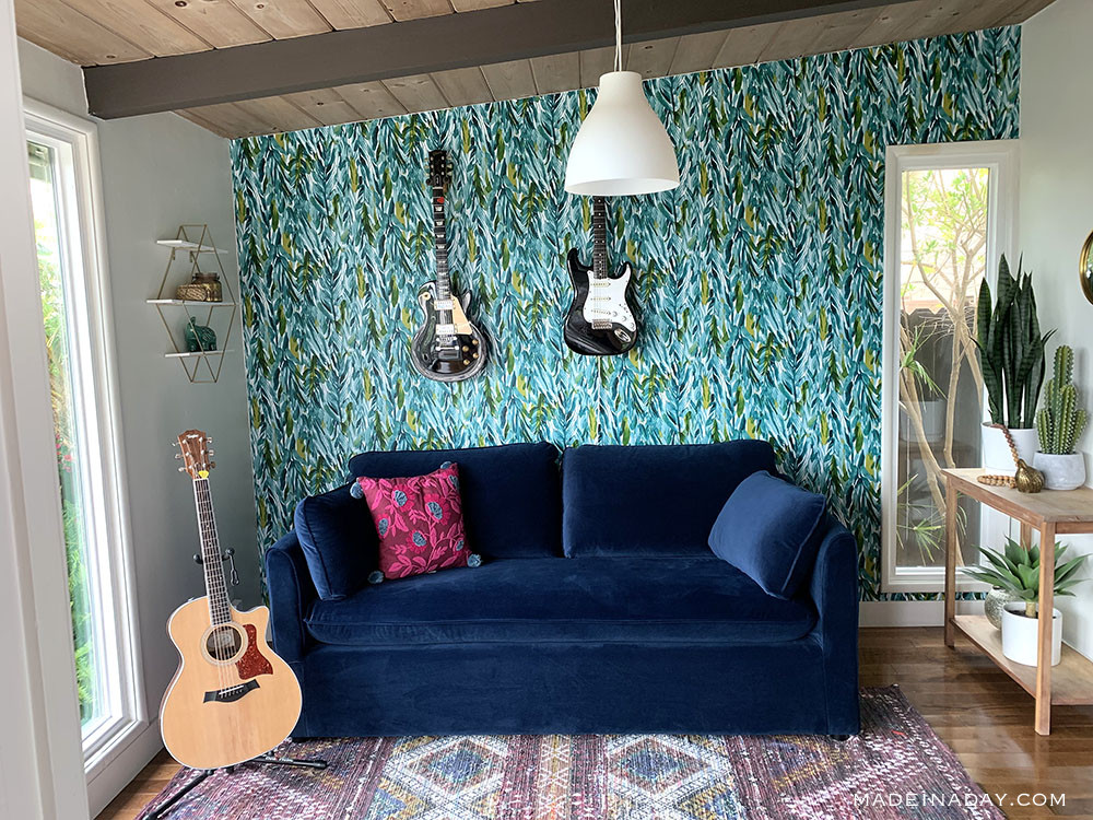 Tropical Leaves Peel And Stick Wallpaper, Teal Peel - Small Velvet Sofa Blue - HD Wallpaper 