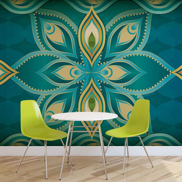 Mandala Wallpaper Mural - Blue Teal Gold Desktop - HD Wallpaper 