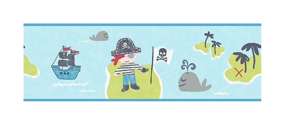 Pirates Wallpaper Border Blue Green Boats Trees Skulls - Decorline Carousel Pirates Border Blue Dlb50088 - HD Wallpaper 