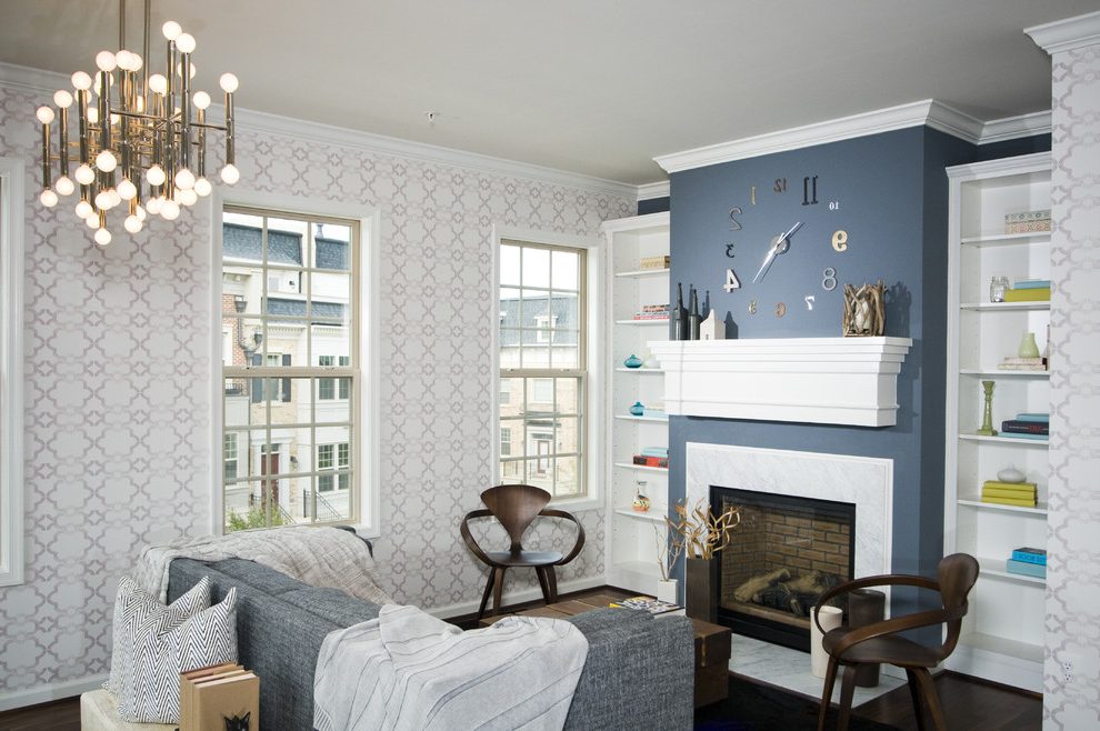 Impressive Blue Patterned Wallpaper In With Wall Clock - Living Room - HD Wallpaper 