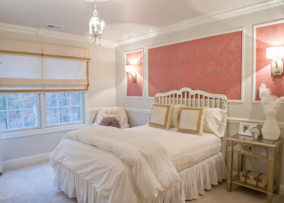 Molding On Walls Bedroom Traditional With Pink Wallpaper - Bedroom Wall Moulding Ideas - HD Wallpaper 