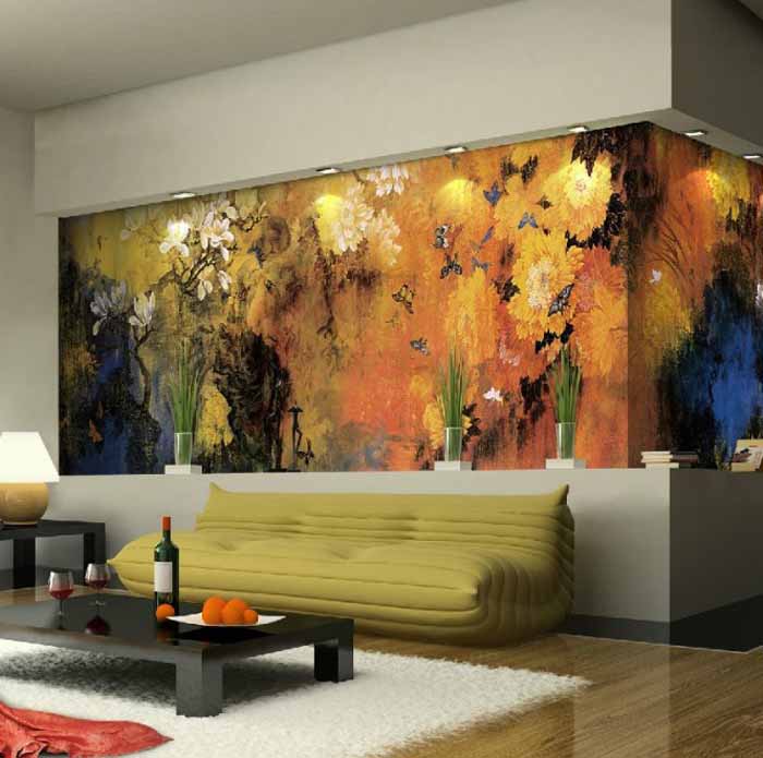 Living Room With Nature Inspired Wall Mural - Modern Living Room Mural - HD Wallpaper 