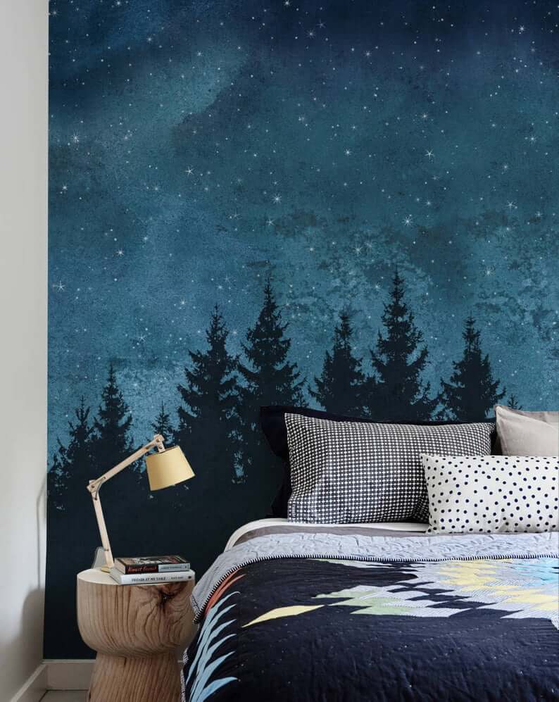 Starry Sky And Forest Treeline Bedroom Mural - Mountain Mural Wall Art - HD Wallpaper 