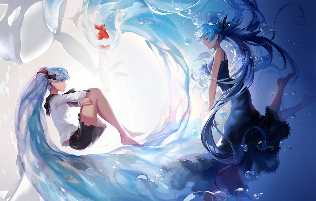 Photo Wallpaper Fish, Bubbles, Girls, Anime, Art, Vocaloid, - Hatsune Miku Sea Girl - HD Wallpaper 