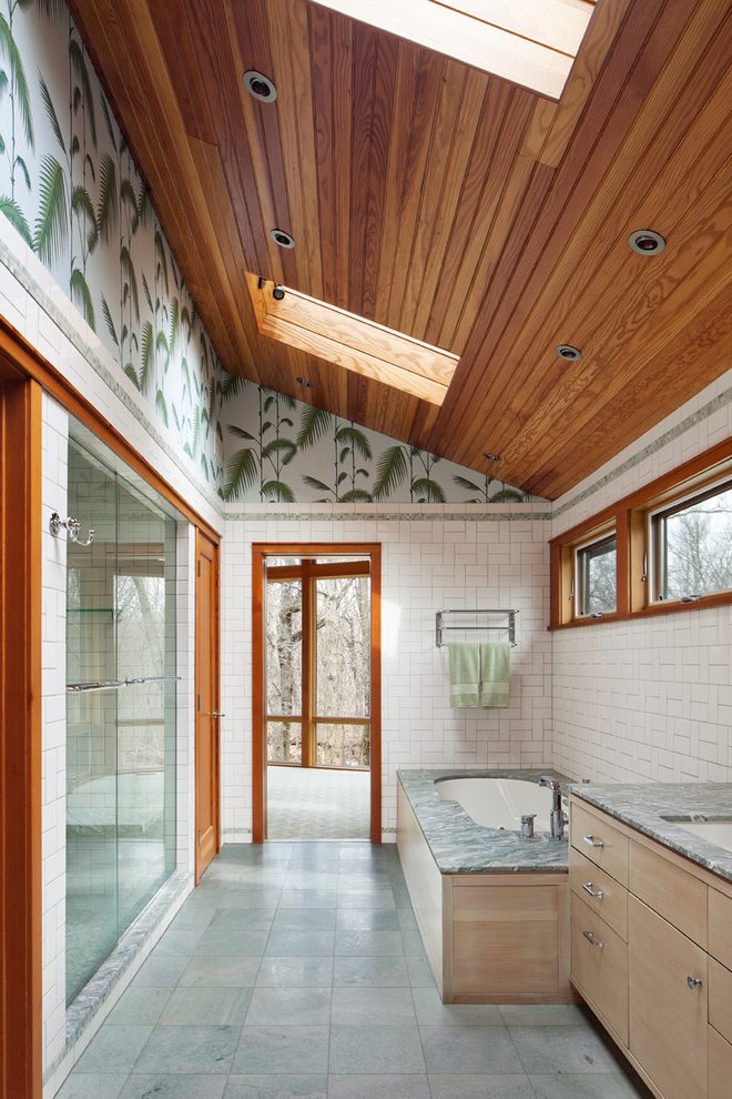 Palm Leaves Bathroom Contemporary With Gray Countertop - Interior Design - HD Wallpaper 