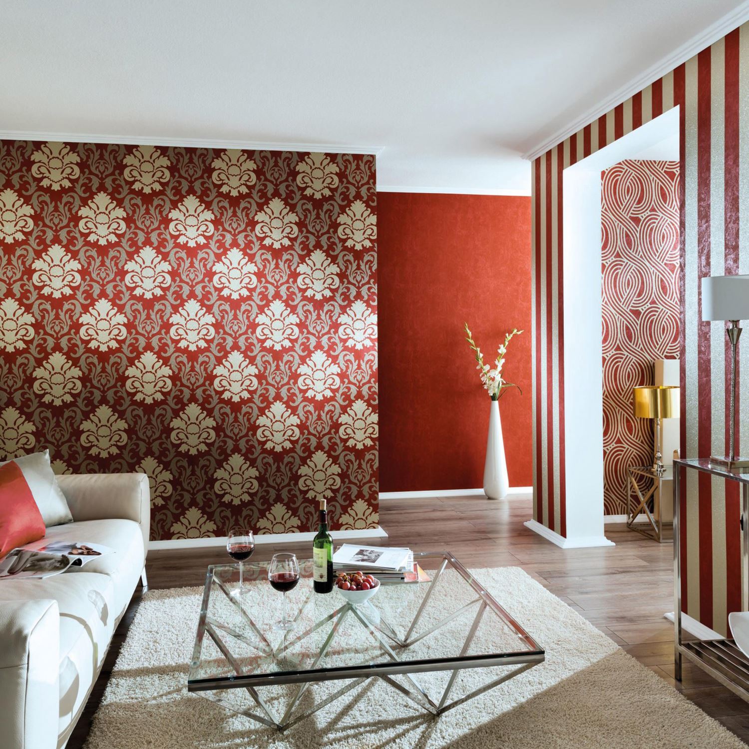 P Amp S Carat Geometric Glitter Stripes Wallpaper Feature - Red Damask Feature Wall - HD Wallpaper 