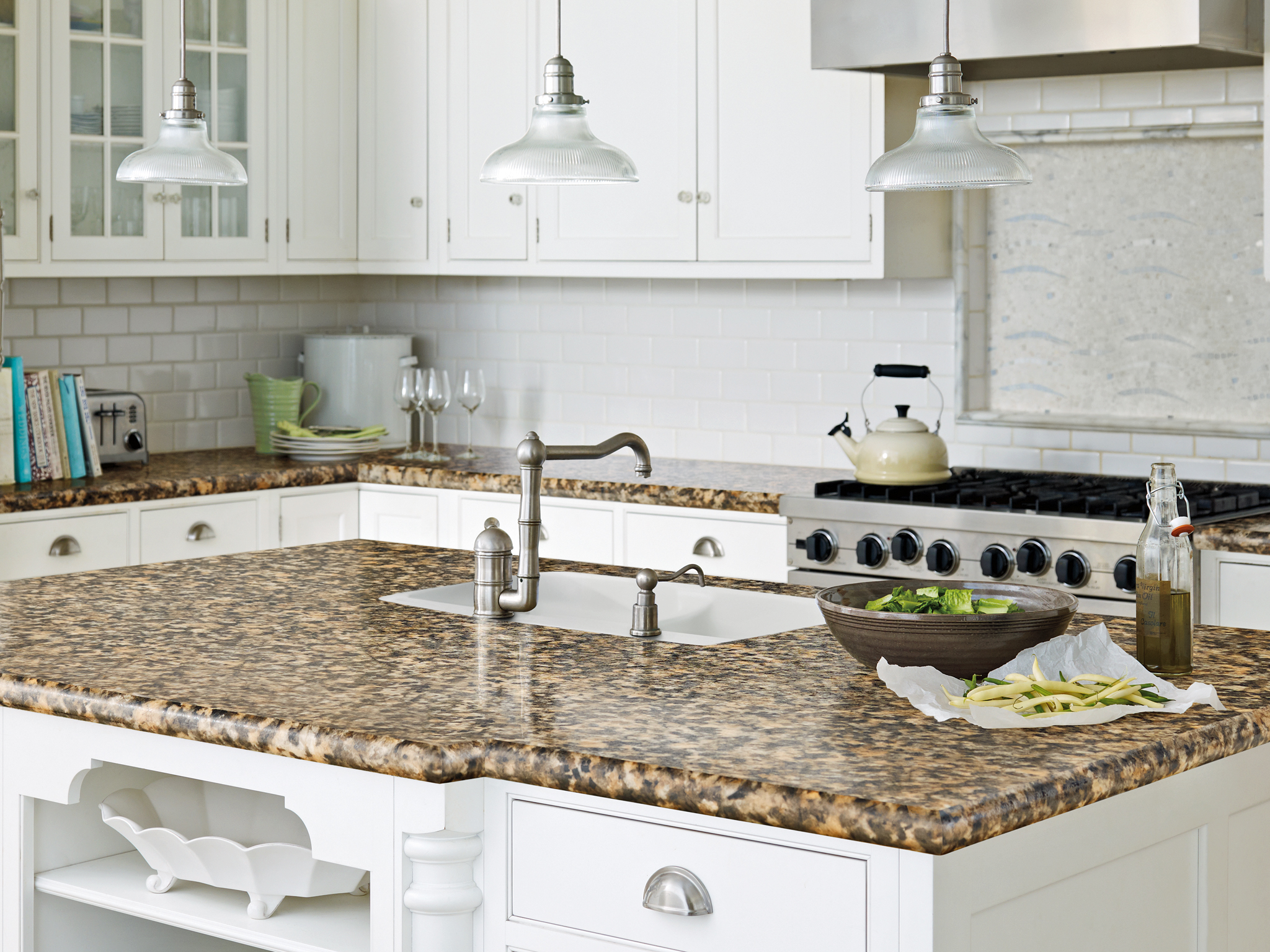 Update Your Kitchen With New Countertops - White Kitchen With Brown Granite - HD Wallpaper 