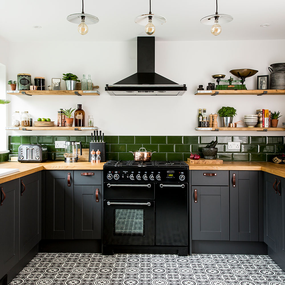 Kitchen Kitchen Makeover Dark Grey Units Palm Print - Tiles For Grey Kitchen - HD Wallpaper 