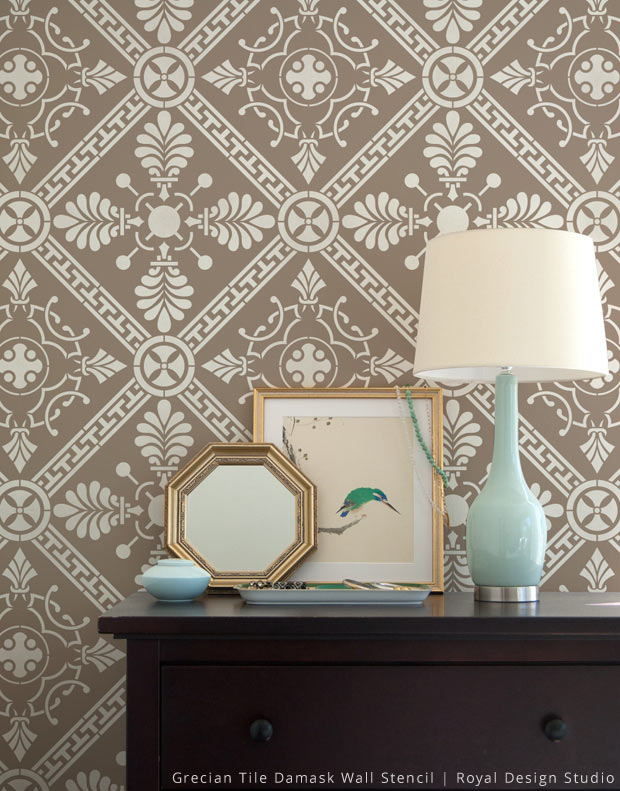 Grecian Tile Damask Wall Stencil - Stencil - HD Wallpaper 