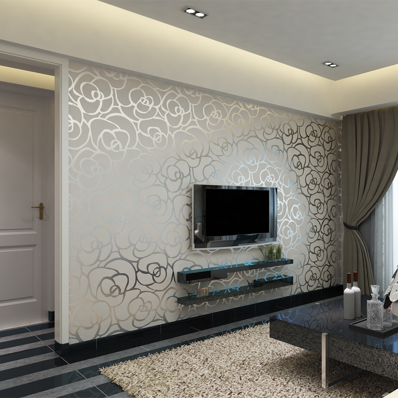 Modern House Moisture-proof Textile Roses Silver Wallpaper - Wall Paper Designs For Hall - HD Wallpaper 