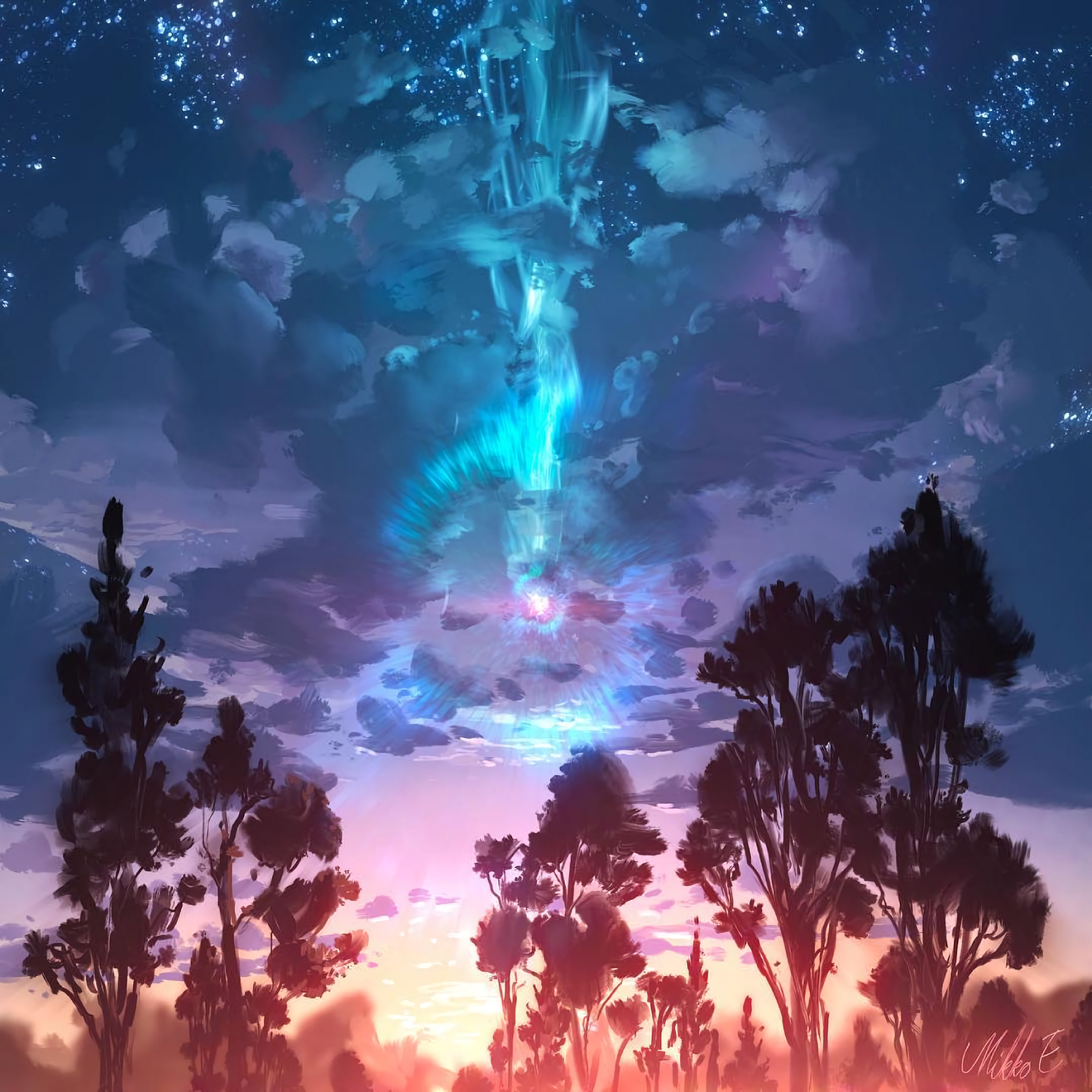 Wallpaper Landscape, Art, Trees, Clouds, Paint - 1440 X 2560 Art - HD Wallpaper 