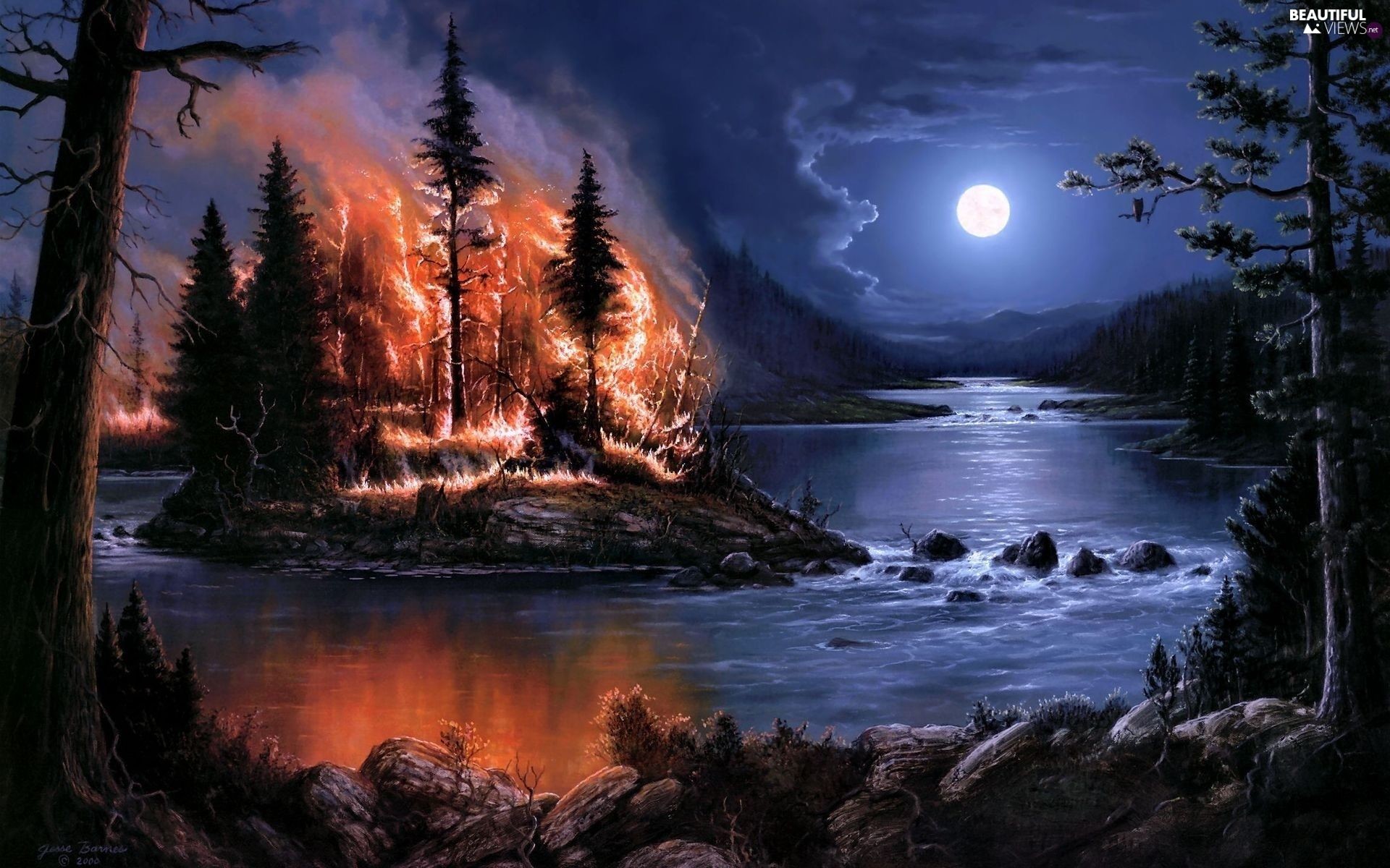 1920x1200, Big Fire, River, Night, Moon, Forest - Night Wallpaper Beautiful View - HD Wallpaper 
