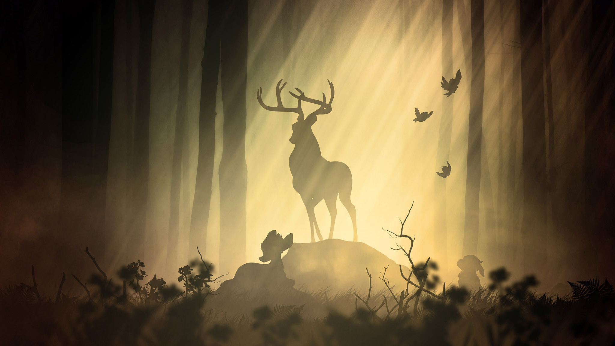 Deer In Forest Fantasy - HD Wallpaper 
