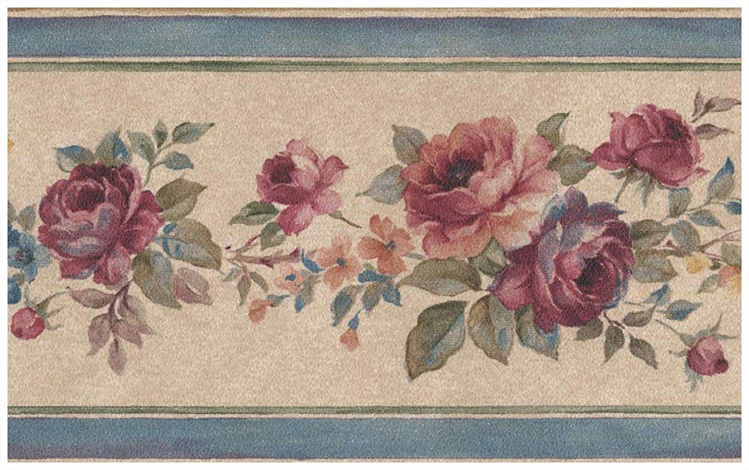 Dark Pink Bloomed Roses On Vine Wall Border Retro Design, - Wallpaper - HD Wallpaper 