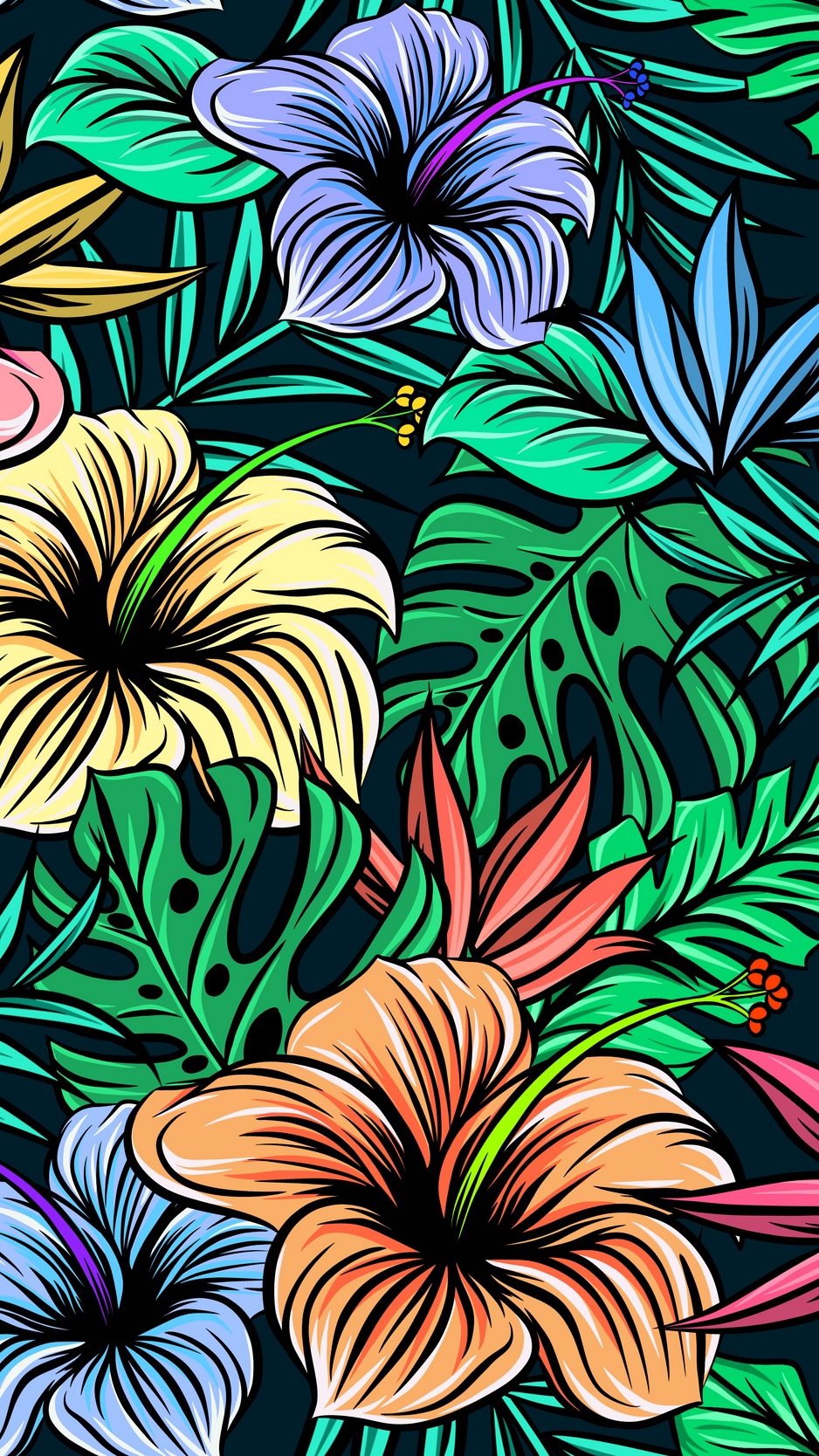 Wallpaper Hibiscus, Flowers, Patterns, Exotic, Leaves - HD Wallpaper 