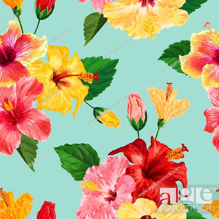 Tropical Hibiscus Flower Seamless Pattern - Tropical Hibiscus Flower Pattern - HD Wallpaper 