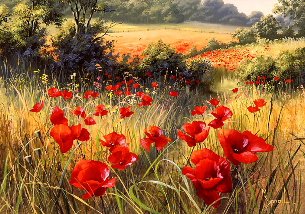 Meadow With Red Flowers Painter - HD Wallpaper 