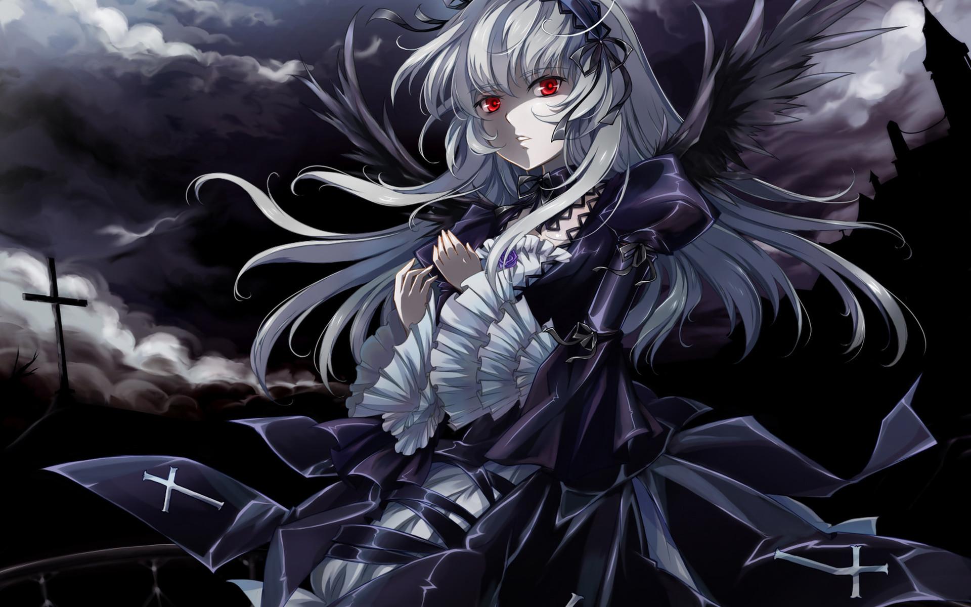 Dark Anime, Girl, Long Hair, Dark Background, Red Eyes - Anime Girl Fallen Angel - HD Wallpaper 