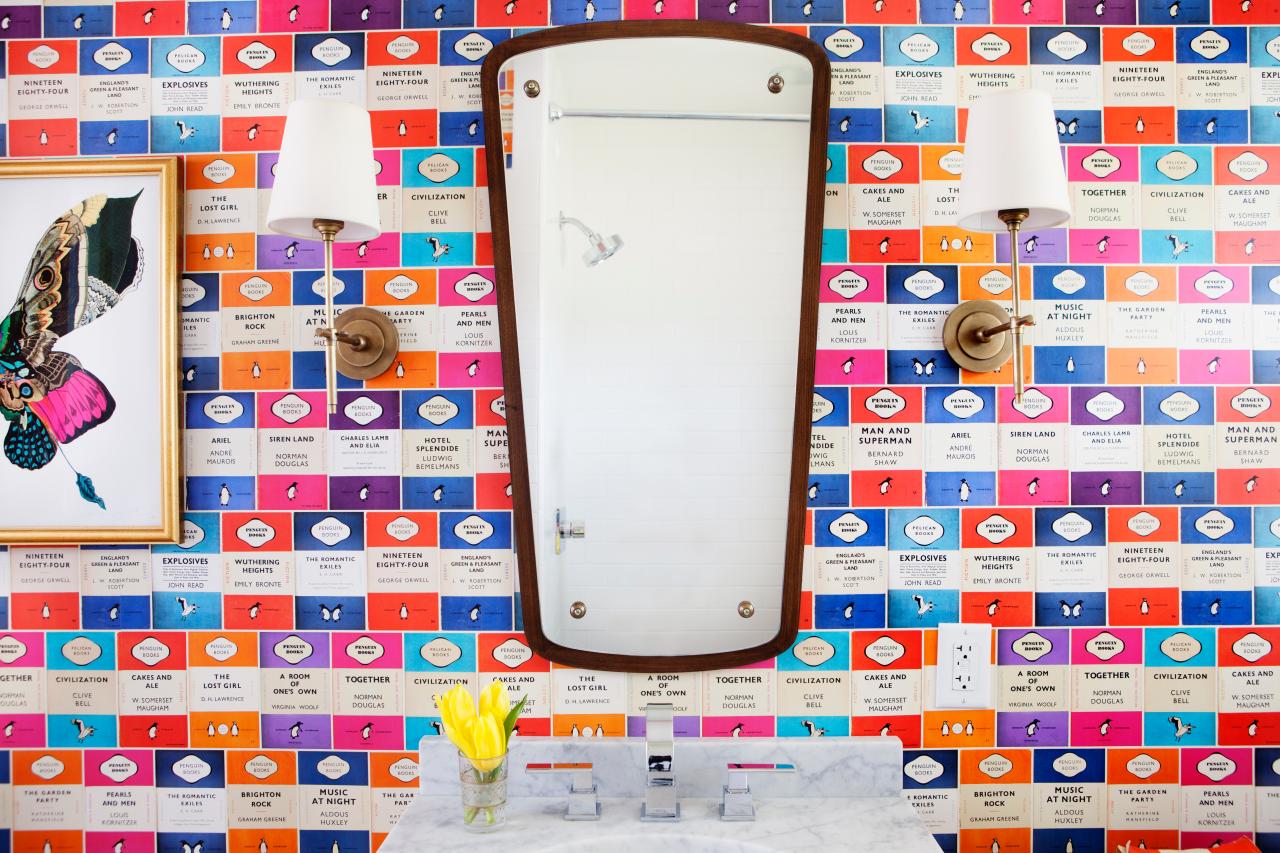 Eclectic Colorful Powder Room With Book Cover Wallpaper - Gadgets Wallpaper For Room - HD Wallpaper 