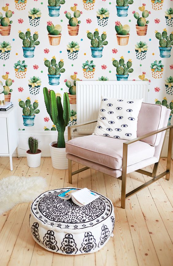 Quirky And Whimsy Cactus Print Wallpaper For A Boho - Cute Chair - HD Wallpaper 