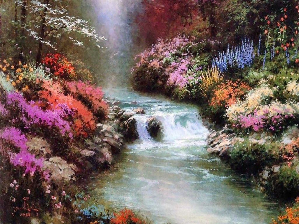 Colorful Flowers And Waterfall - HD Wallpaper 