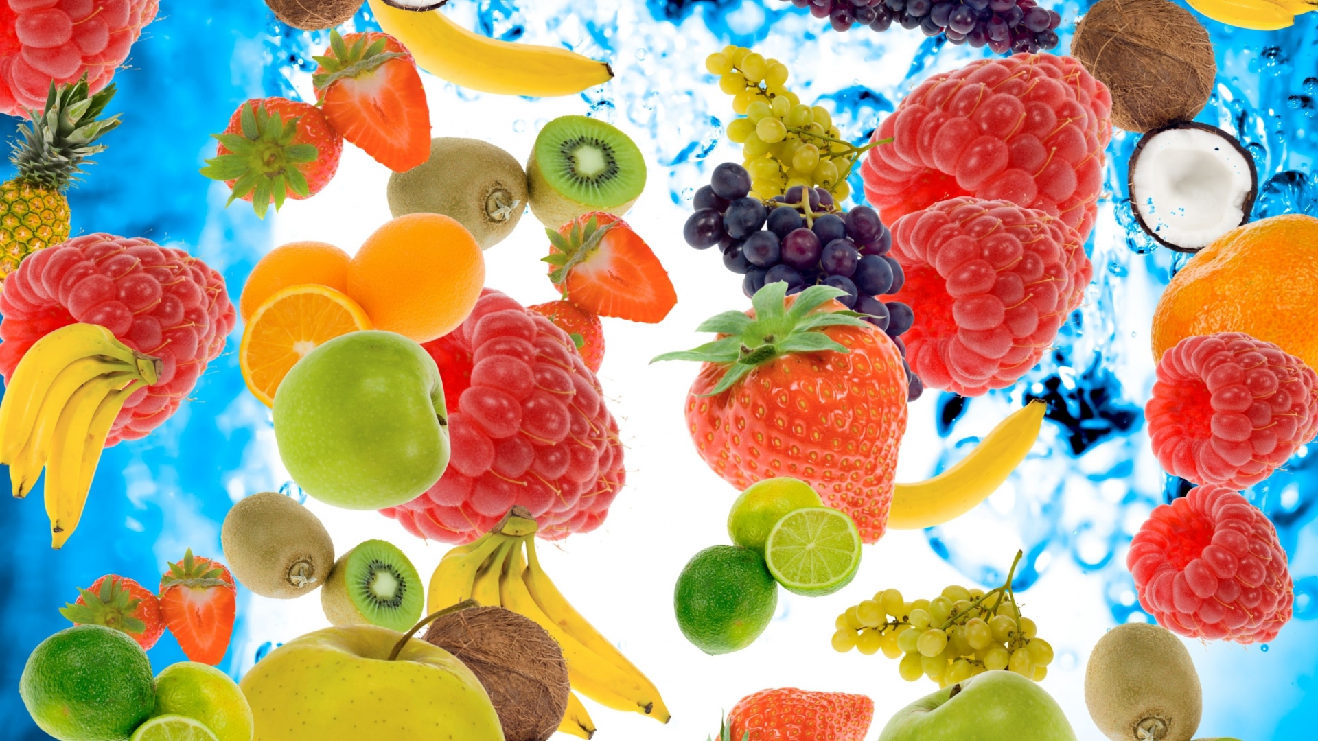 Wallpaper Fruit Background Lime Coconut Kiwi Berries - Strawberry And Water - HD Wallpaper 