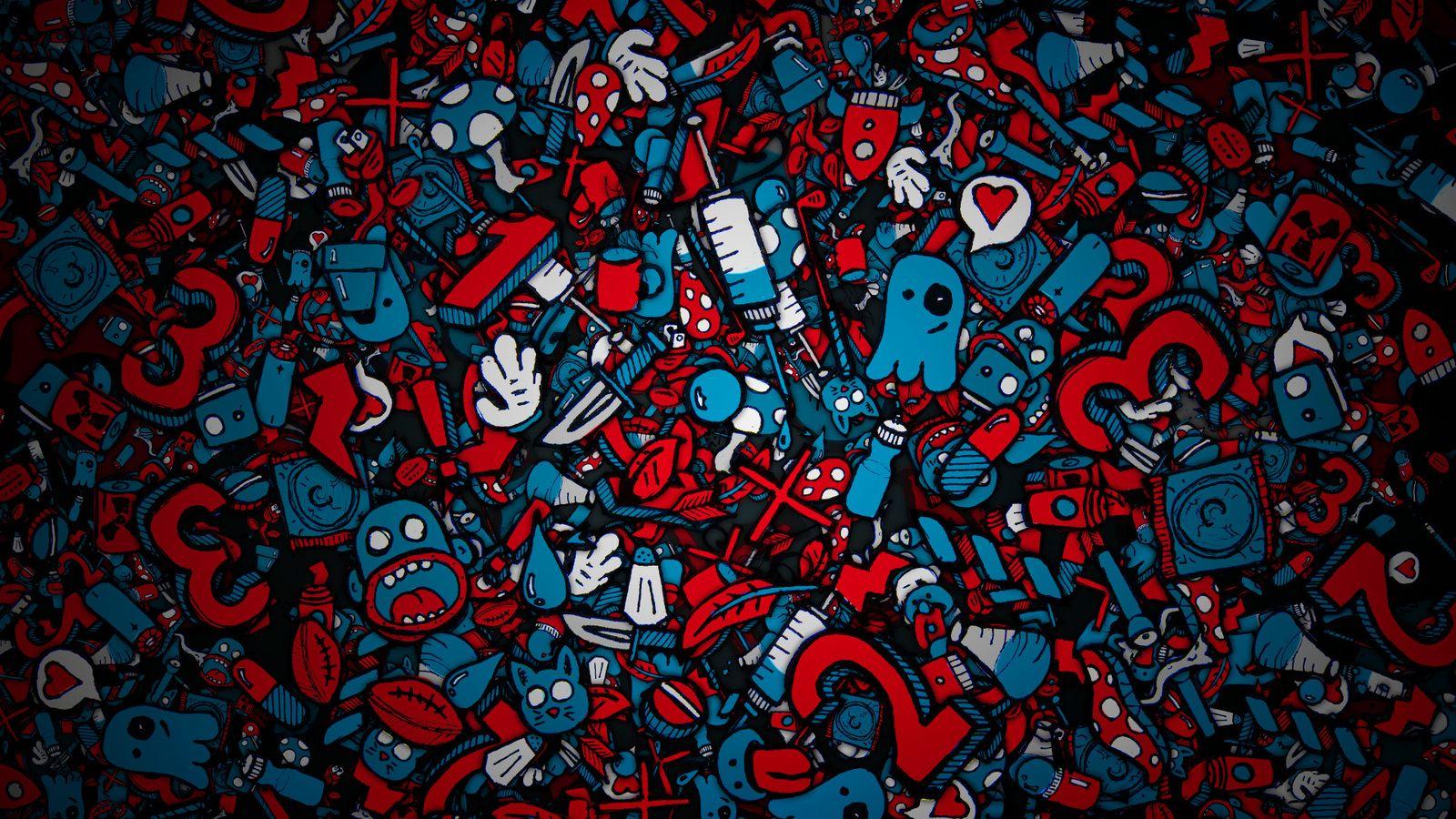 Cool Pc Backgrounds Hd - Red And Blue Doodle - 1600x900 Wallpaper -  