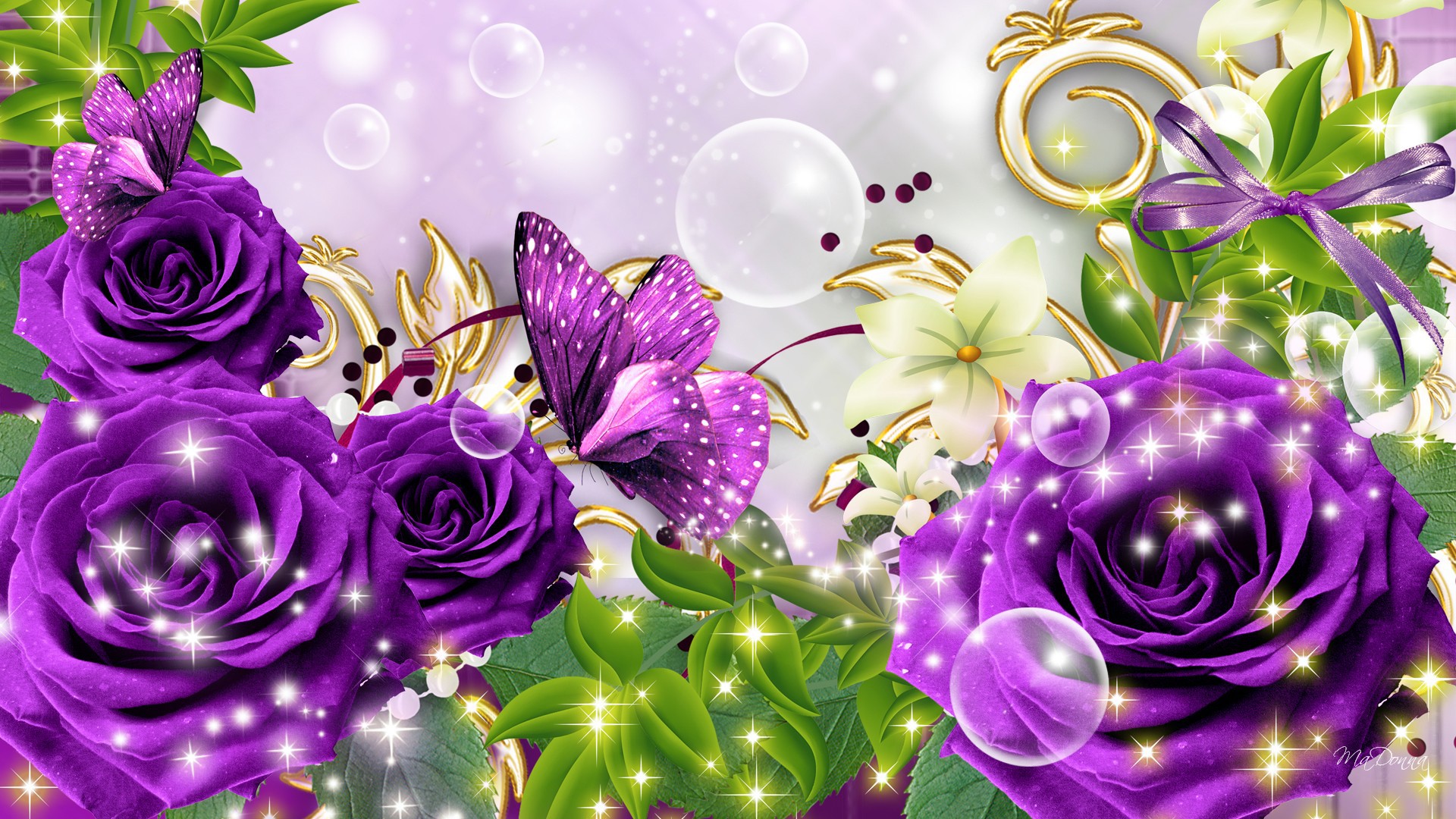 Purple Roses And Butterflies - HD Wallpaper 