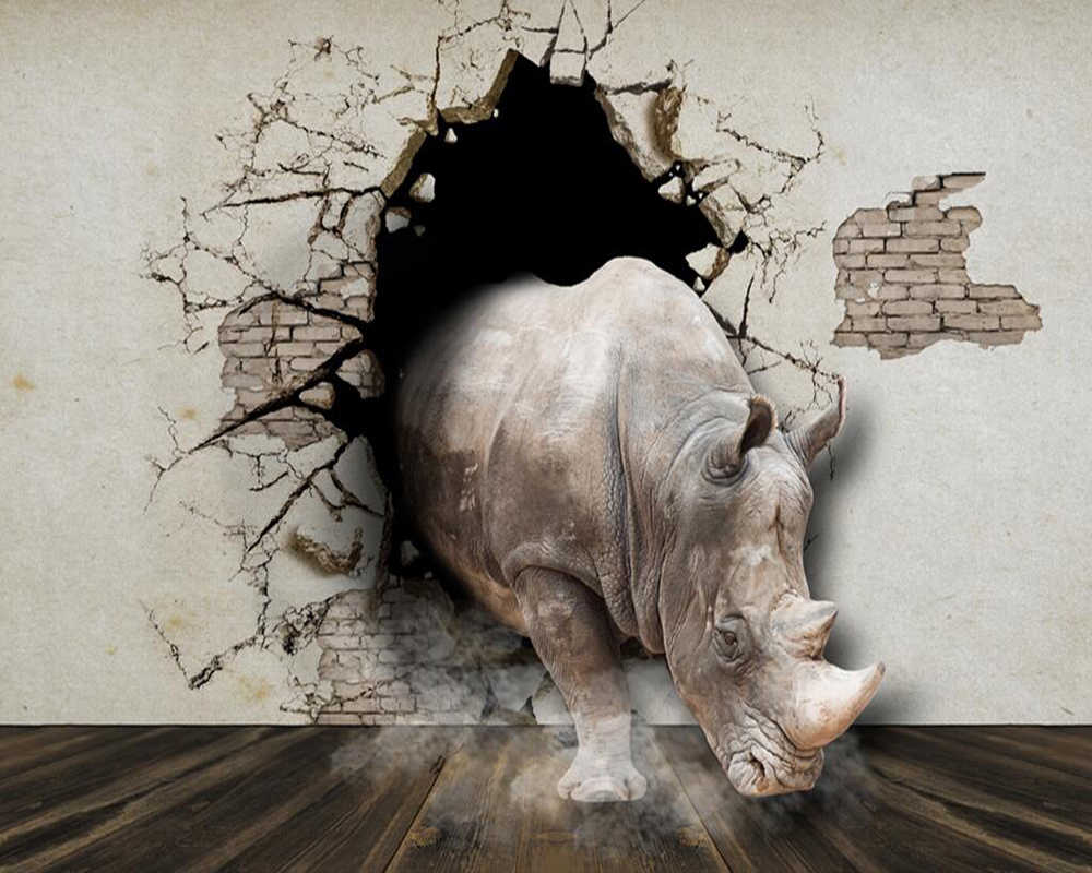 Custom 3d Wallpaper 3d Rhino Breaking Wall Background - Rhino Breaking Through Wall - HD Wallpaper 