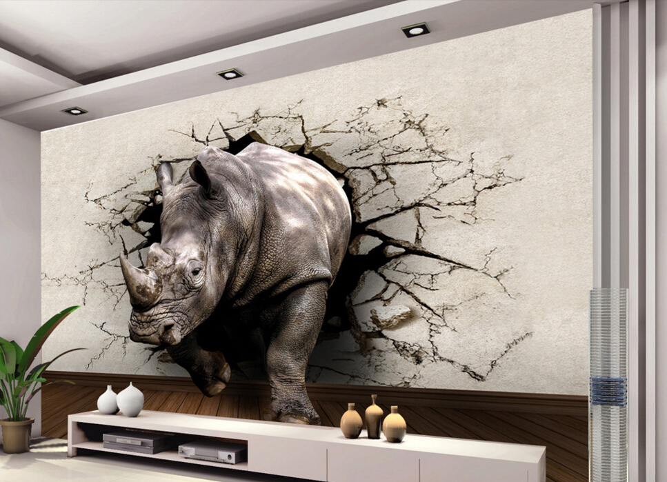 Custom 3d Stereoscopic Wallpaper,rhino Hole In The - 3d Wall Painting Hole - HD Wallpaper 