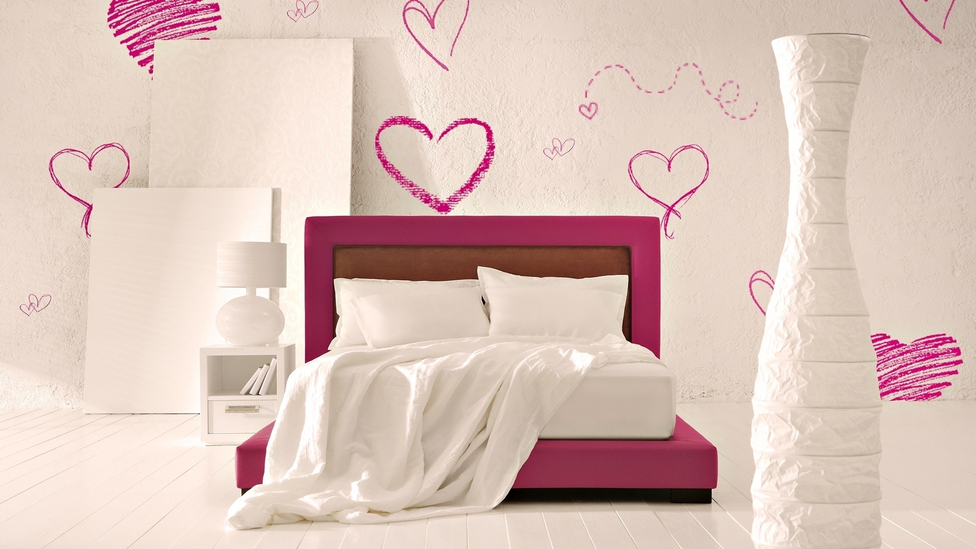 Wallpaper Bed, Room, Romantic, Heart, Design - Heart Wallpaper For Bedroom - HD Wallpaper 
