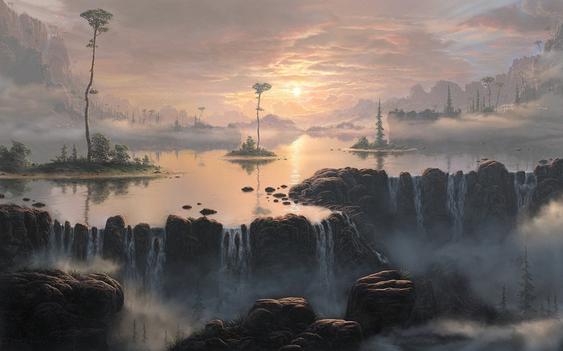 Landscape, Fantasy Art, Lake, Waterfall, Nature Wallpapers - Fantasy Art Lake - HD Wallpaper 