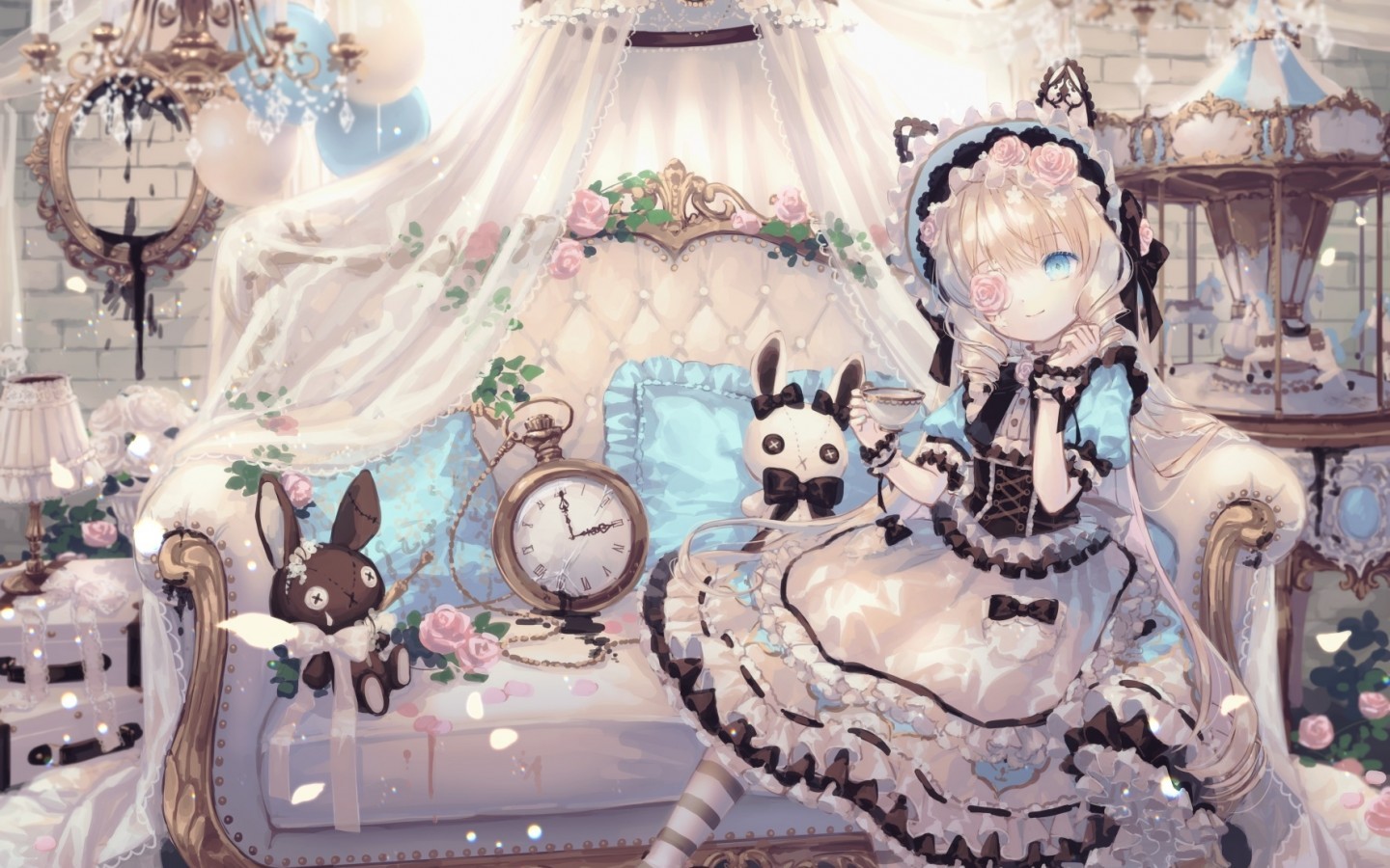 Anime Lolita Girl, Dress, Couch, Clock, Flowers, Teddy - HD Wallpaper 