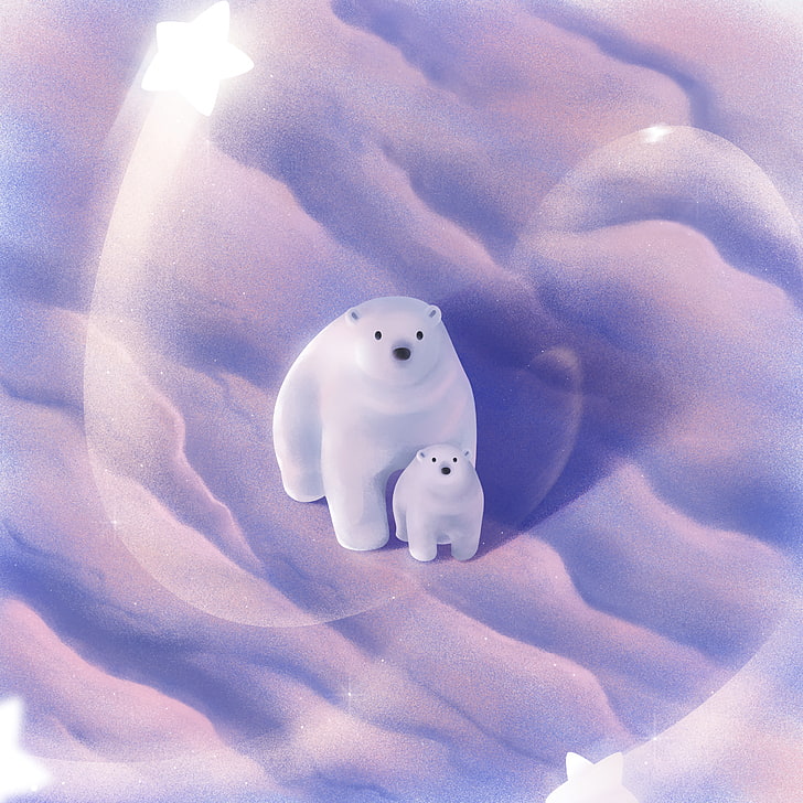 Polar Bears, Couple, Cub, Art, Cute, Arctic, Snow, - Cute Polar Bear Backgrounds - HD Wallpaper 