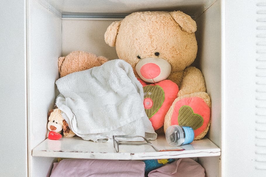 Brown And Pink Teddy Bear In White Cabinet, Stuffed - Teddy Inside The Cupboard - HD Wallpaper 