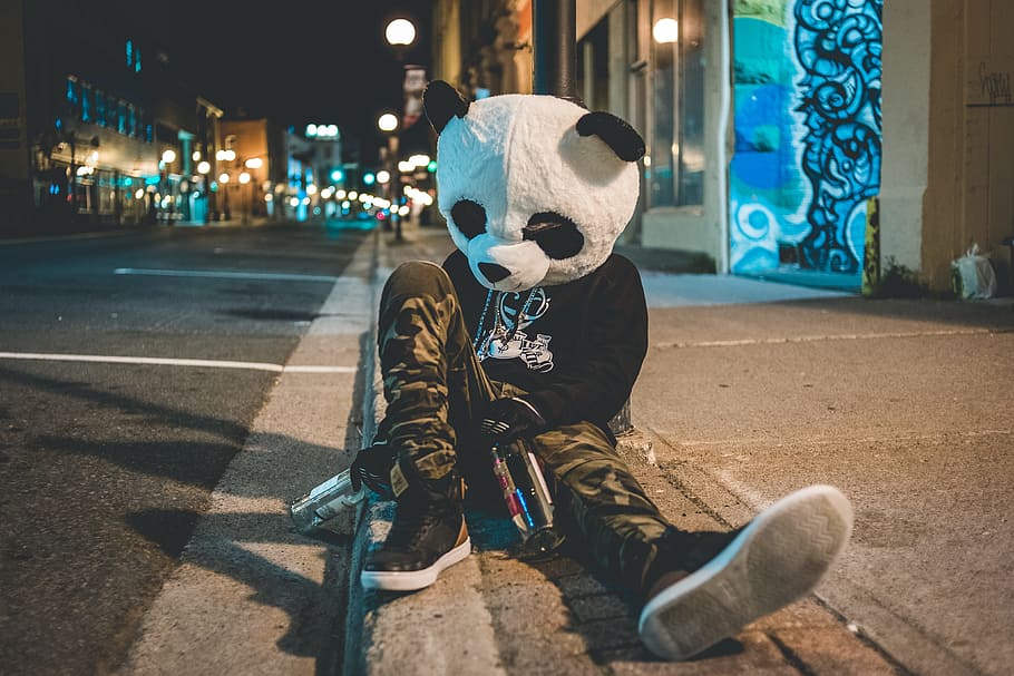 Man Wearing Panda Costume Leaning On Post, Person, - Neon Panda - HD Wallpaper 