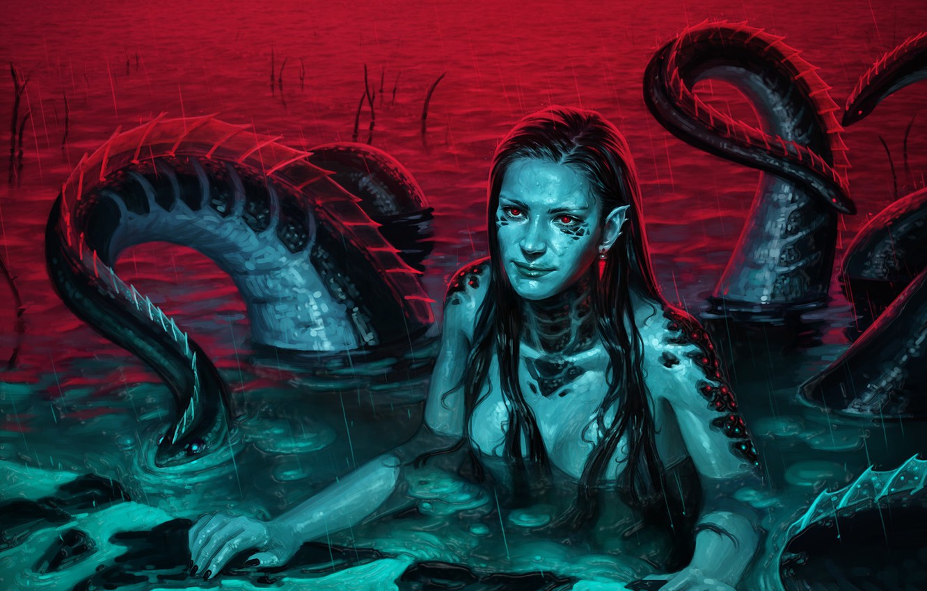 Photo Wallpaper Water, Rain, Woman, Monster, Poison - Sea Monster Woman Art - HD Wallpaper 